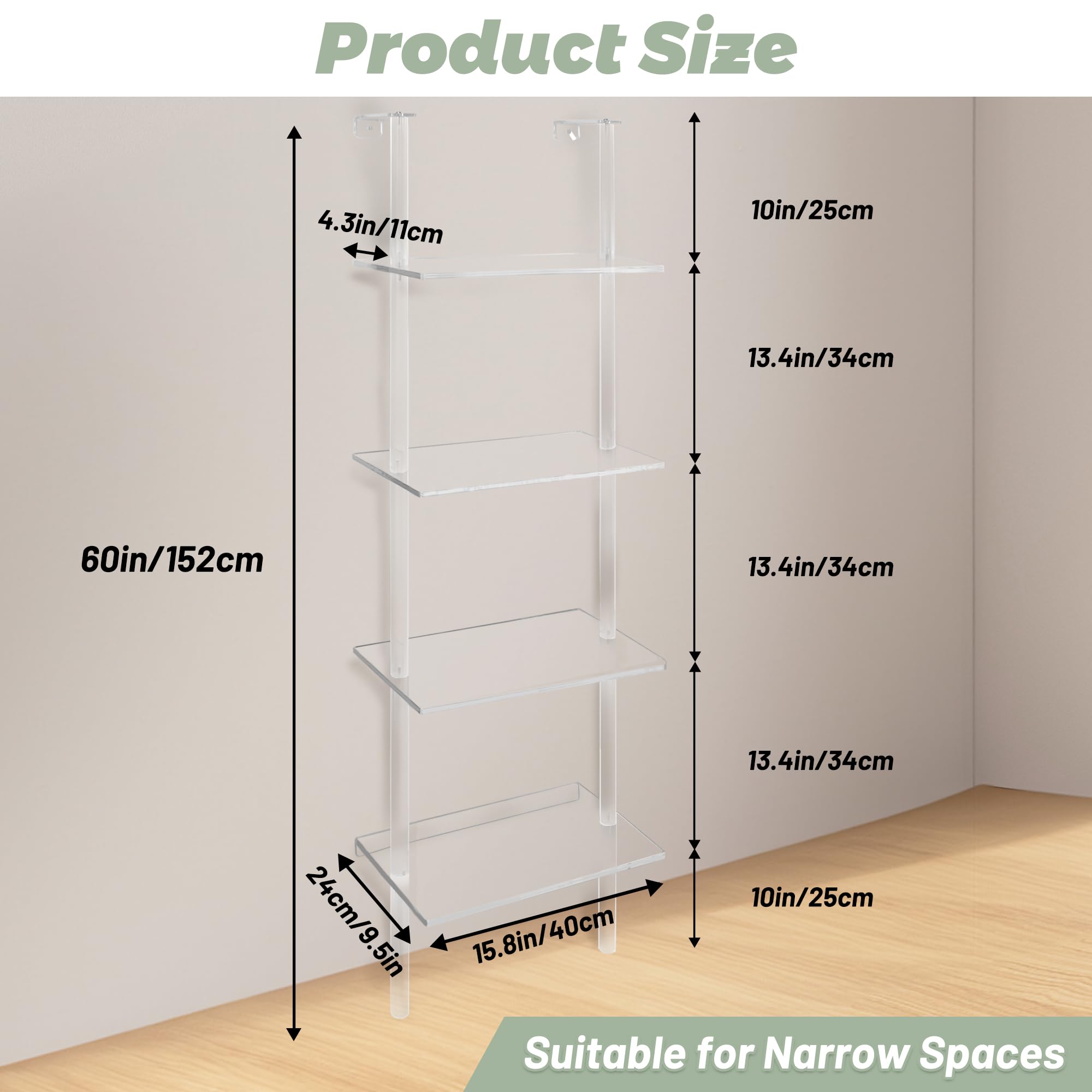 Cutora Acrylic Ladder Bookshelf 9.5" D x 15.6" W x 60" H Clear Bookcase Narrow Display Shelf for Small Space Wall Mounted Storage Rack for Living Room Bedroom Cloakroom Bathroom (4-Tier)