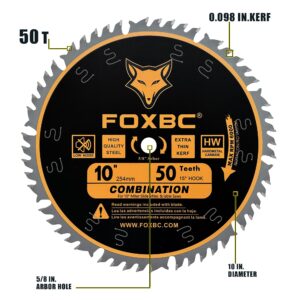 FOXBC 10 Inch Combination Saw Blade, 50-Tooth, Wood Cutting, 5/8-Inch Arbor