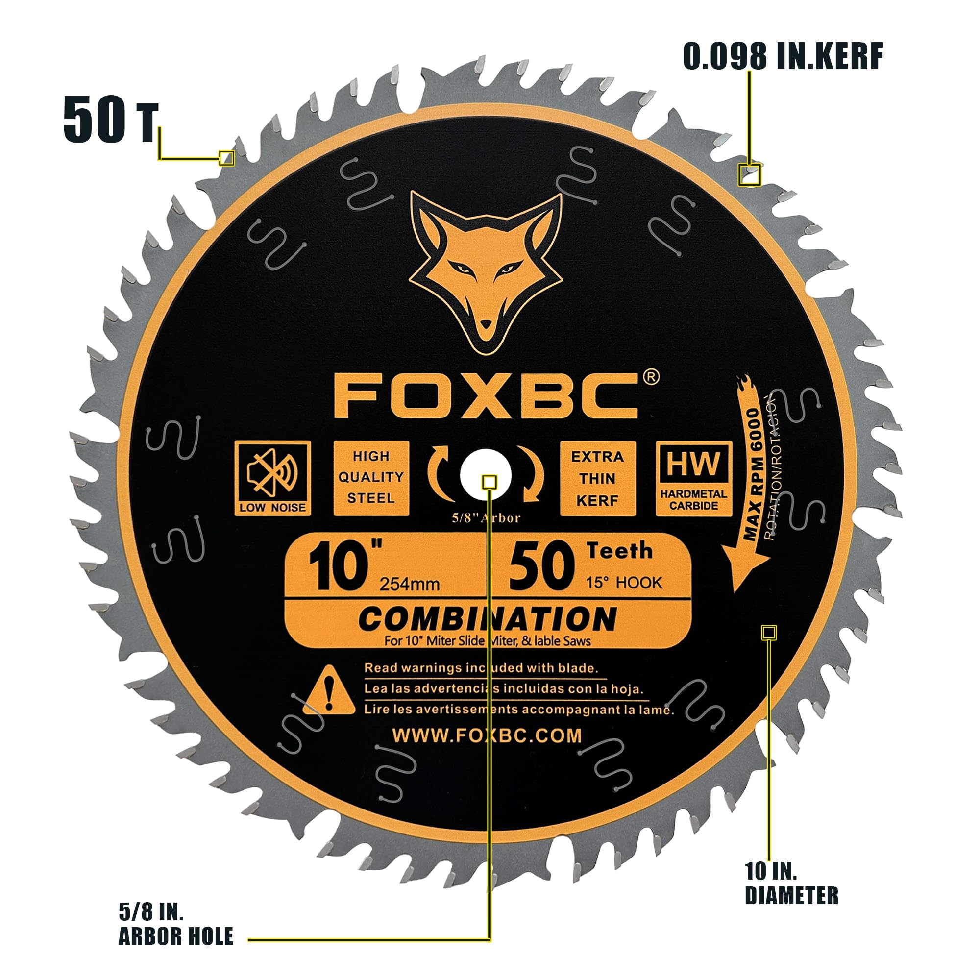 FOXBC 10 Inch Combination Saw Blade, 50-Tooth, Wood Cutting, 5/8-Inch Arbor