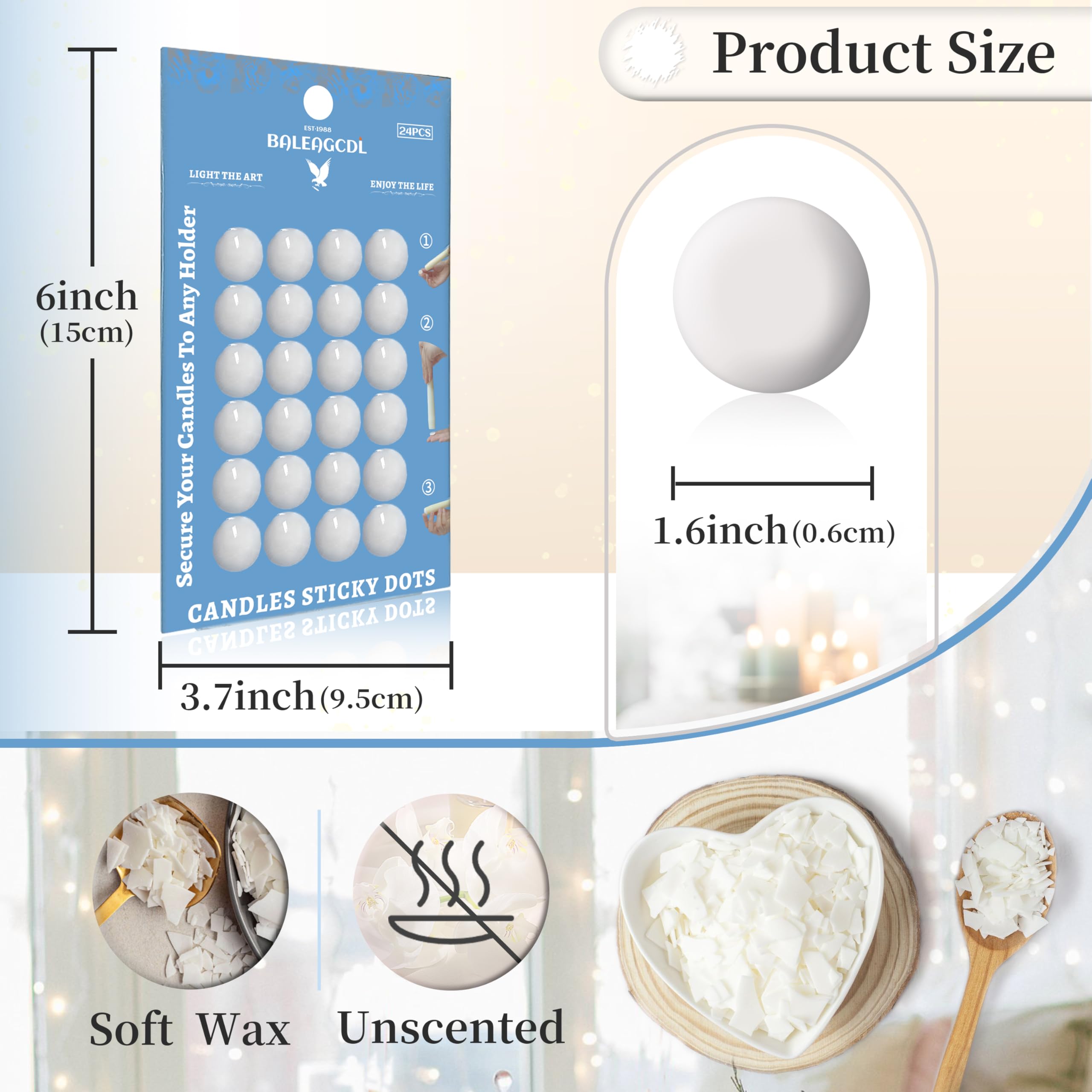 Candle Sticky Dots - White Wax Candle Adhesive Dots - Unscented Cire Adhesive for Secure Candle Placement - Easy Clean and Traceless Adhesive for DIY Projects - Pack of 24