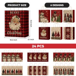 Horaldaily 24 Christmas Gift Paper Bags Bulk with handles Wrapping, Buffalo Plaid Santa Christmas Trees Snowman Xmas Holiday Presents(24 Large)