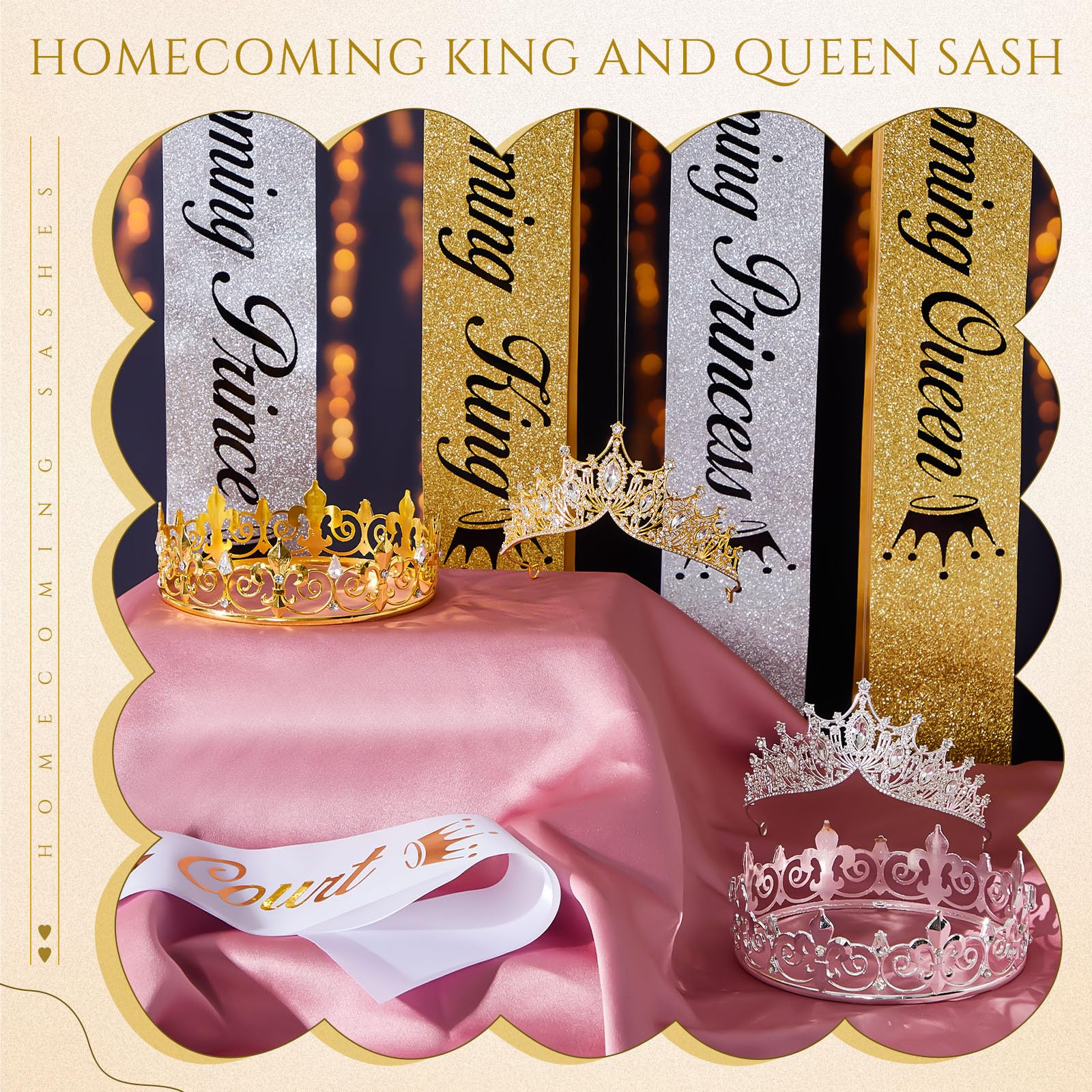 Ferreve 14 Pcs Homecoming Party Prom Sashes Set Include Homecoming King Queen Prince Princess Sashes Homecoming Court Sash with Pins, 4 Metal Crown for Men Women Crown School Party Accessories