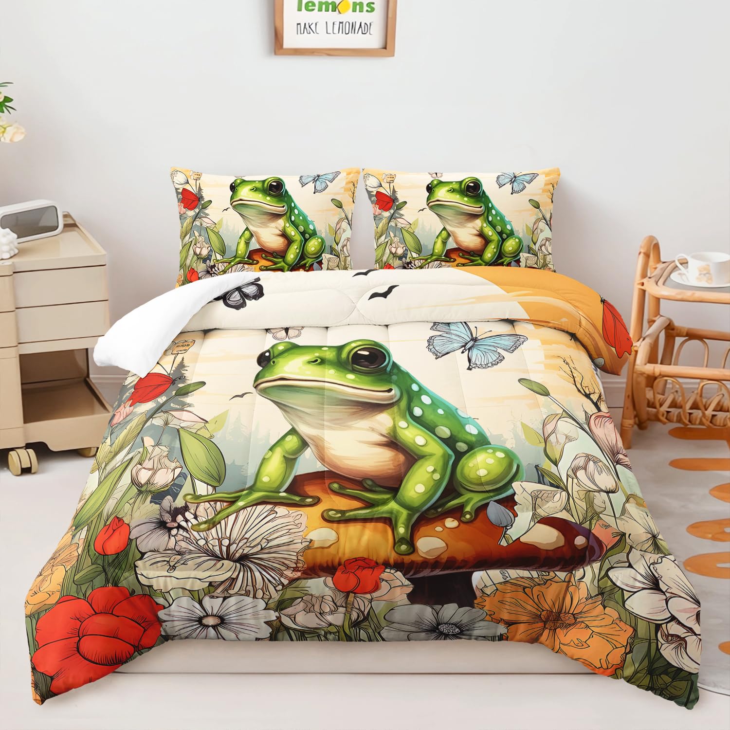 AILONEN Cartoon Frog Comforter Set Twin Size,Butterfly Comforter Set,Nature Plant Fungus Flower Frog Bedding Set Decor,3 Piece Fantasy Sunset Abstract Yellow Comforter with 2 Pillowcases