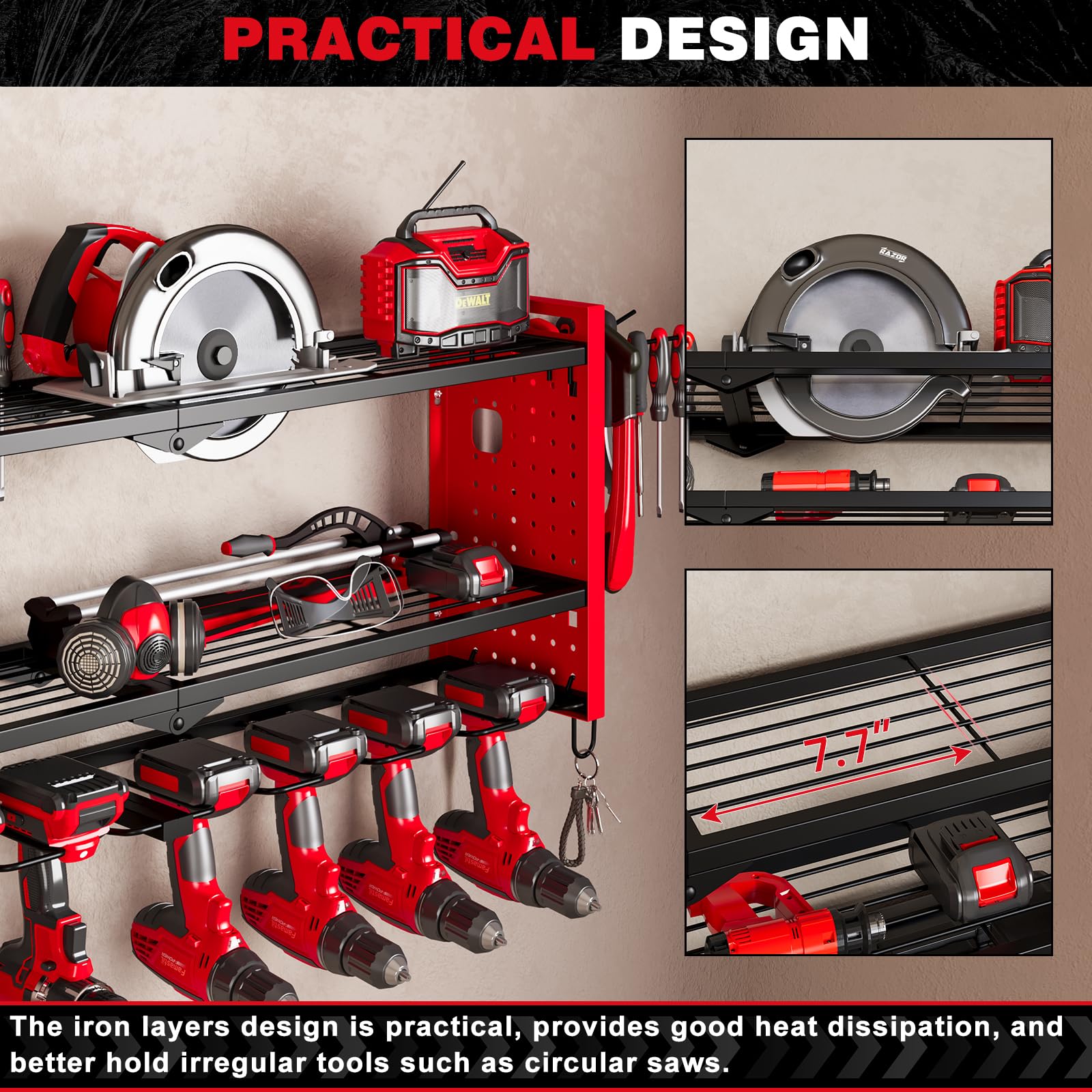 NattyDot Power Tool Organizer Wall Mount,Cordless Drill Hanger Storage Rack 8 Drill Holder,3 Layers Heavy Duty Power Tool Storage Rackr(Red)