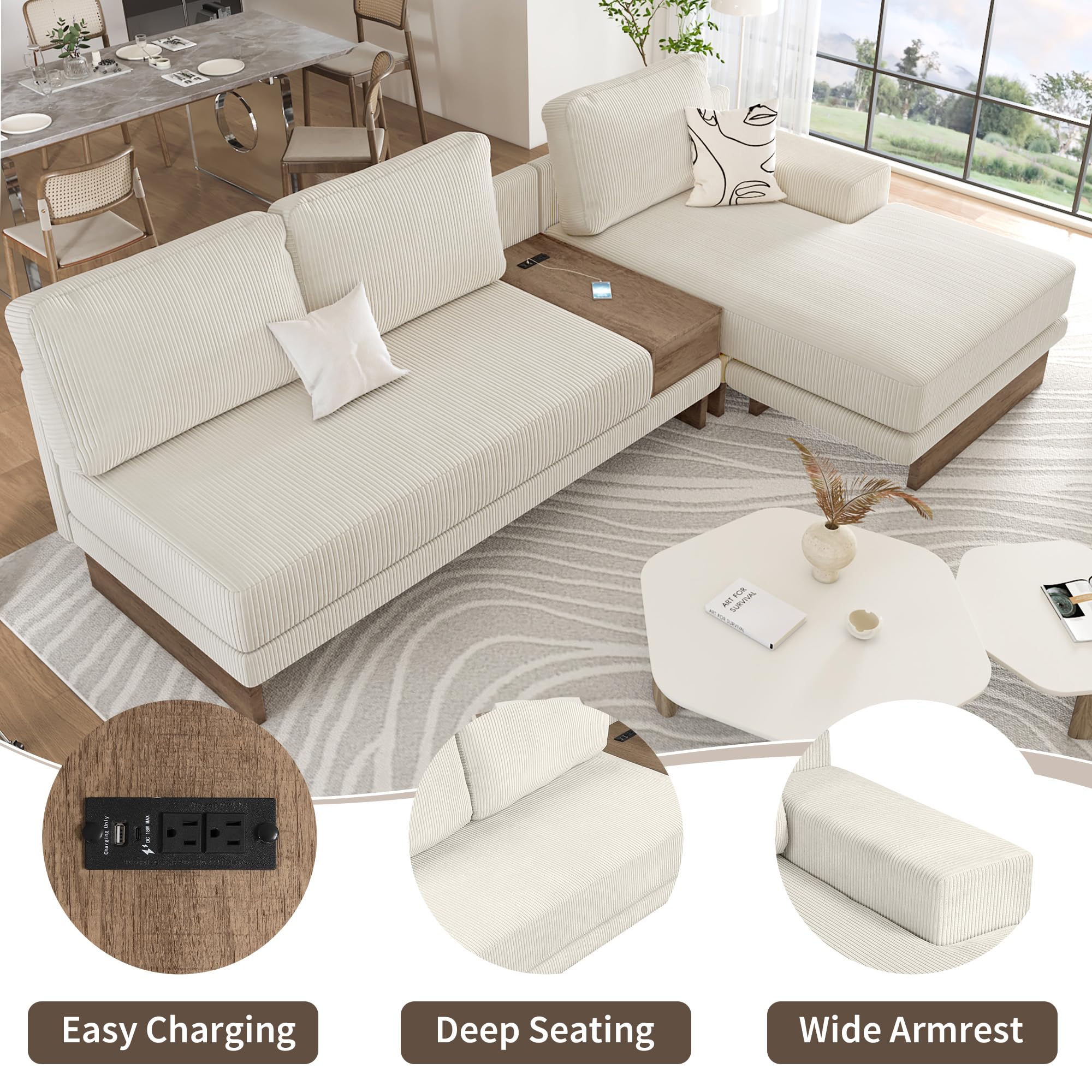 P PURLOVE L-Shaped Sectional Sofa with 2 USB Ports and 2 Power Sockets, Corduroy Couch with a Storage Drawer and a Reversible Chaise Lounge for Living Room (Beige)