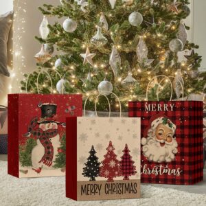 Horaldaily 24 Christmas Gift Paper Bags Bulk with handles Wrapping, Buffalo Plaid Santa Christmas Trees Snowman Xmas Holiday Presents(24 Large)