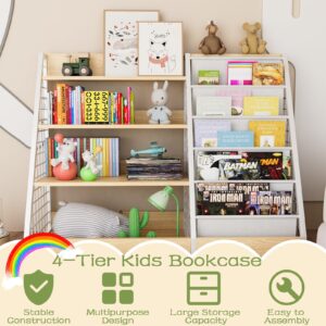 Yeyawomy Kids Book Shelf,4 Tier Wooden Bookshelf,5 Layer Sling Children Bookcase,Toy Organizer Cabinet Chest,Book Display Shelf with Metal Frame, Nursery Playroom Classroom Library (Natural)