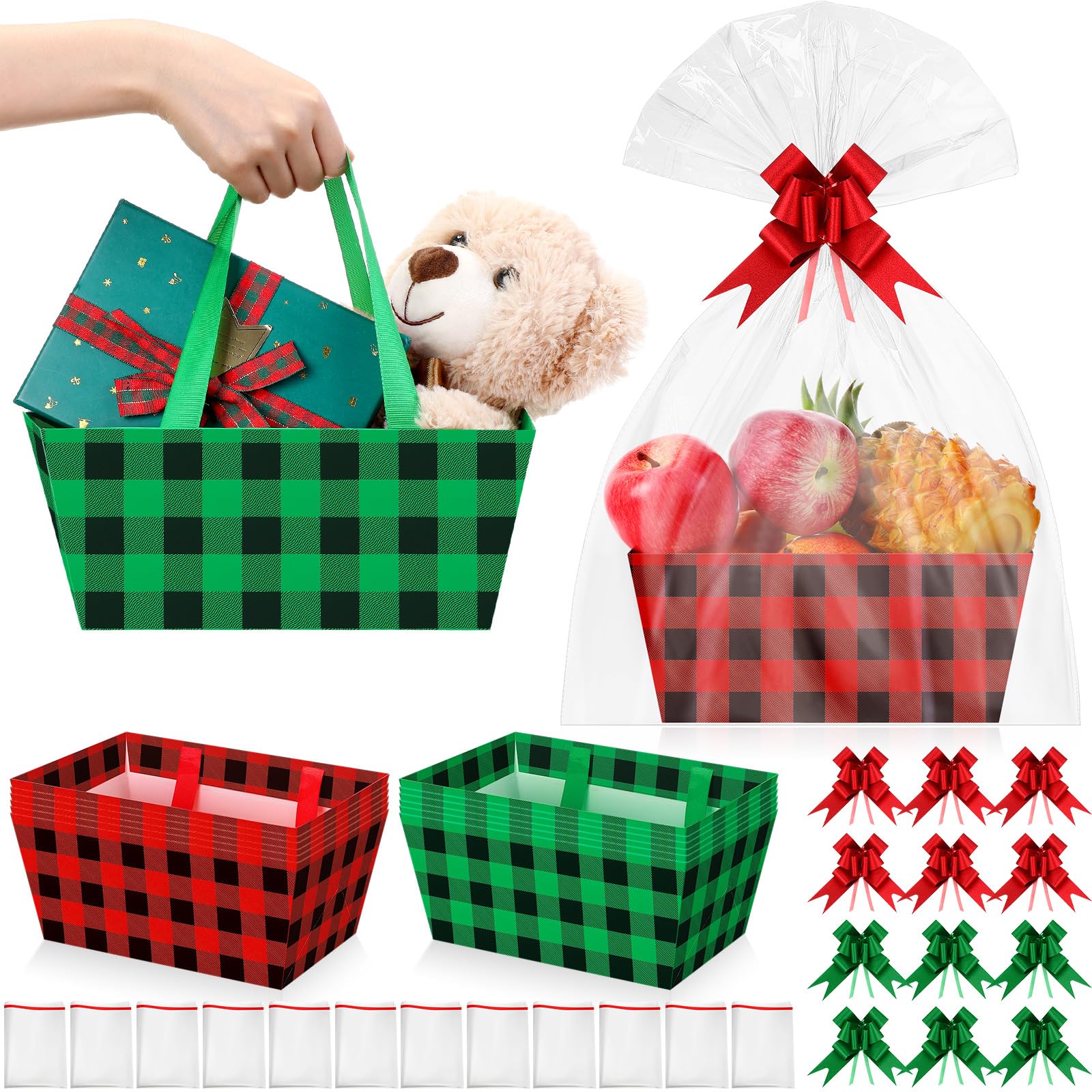 Skyygemm 12 Pcs Christmas Basket for Gifts Empty Kit 9.8 x 6.5'', Gift Basket Empty to Fill Bulk with Handles Plastic Basket Bags Pull Bows Twists for Holiday Xmas Party Wrapping