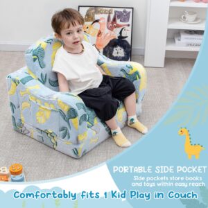 Airpanda Comfy Toddler Couch and Chair for Kids with Blanket, 2-in-1 Soft Plush Fold Out Kids Sofa Chairs for Girls and Boys, Convertible Sofa to Lounger for Playroom, Glowing Dinosaur