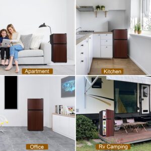 OOTDAY 3.4 Cu.Ft Compact Refrigerator, Small Fridge with Double Door, Apartment Size Refrigerator with 7 Level Adjustable Thermostat Control Perfect for Kitchen Dorm Apartment Office Wood