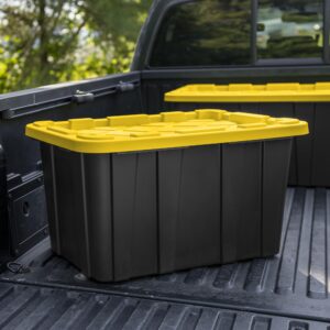 Sterilite 27 Gallon Industrial Stackable Storage Tote Snap-Fit Lidded Home Garage Organization Container with Carrying Handles, 6 Pack, Black/Yellow