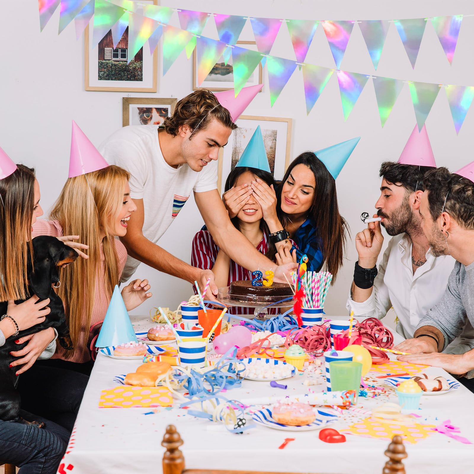 Iridescent Triangle Pennant Banner Flag Bunting Garland Party Hanging Flags Holographic Decorations for Birthday Anniversary Wedding Bridal Baby Shower Disco Party Decoration Supplies(40 FT)