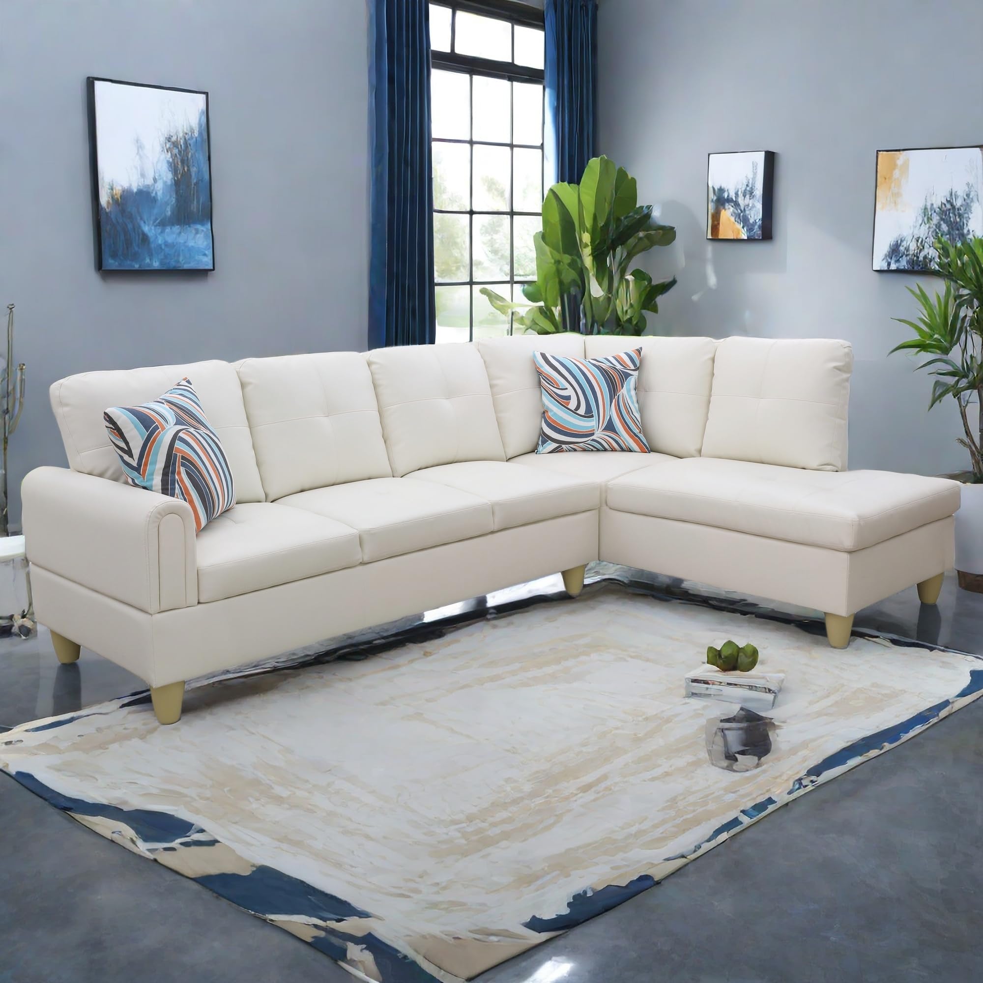 NicBex Sectional Couches for Living Room 2 Pieces Modern Sectional Sofa with Right Chaise Sectional Couch with Solid Frame Classic L Shape Sectional Sofa Set with Faux Leather, White