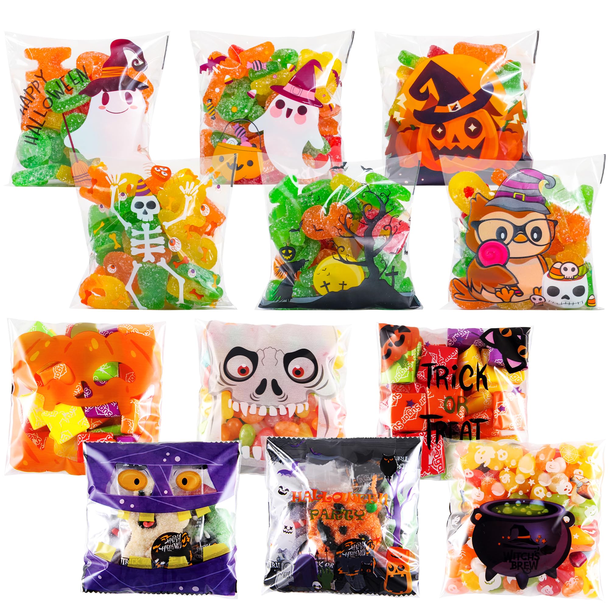 BLEWINDZ 300pcs Halloween Goodie Bags, Small Halloween Candy Treat Bags Self Adhesive Clear Cellophane Bags for Kids Halloween Party Favors (12 Style)