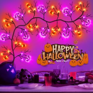 9FT 72LED Halloween Decorations Willow Vine Twig Garland with 8 Modes Orange Purple Lights & Timer &12 Pumpkin Bat,Battery Operated Halloween Garland for Mantel Table Fireplace Indoor Home Decor