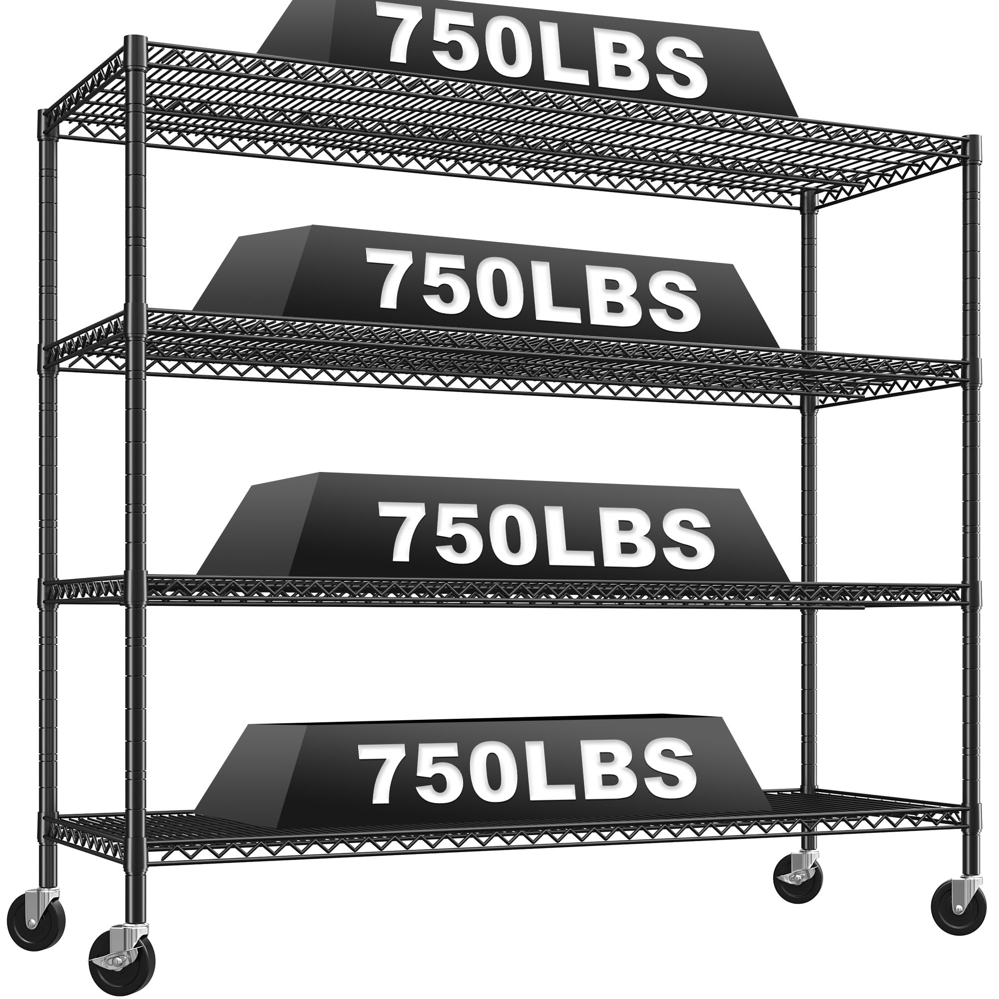 REIBII 60" W Storage Shelves 3000 LBS Wire Shelving Unit with Wheels Heavy Duty Shelving Adjustable Metal Shelves for Garage,Pantry,Kitchen,Business,Warehouse,60”W ×24”D×65.3”H