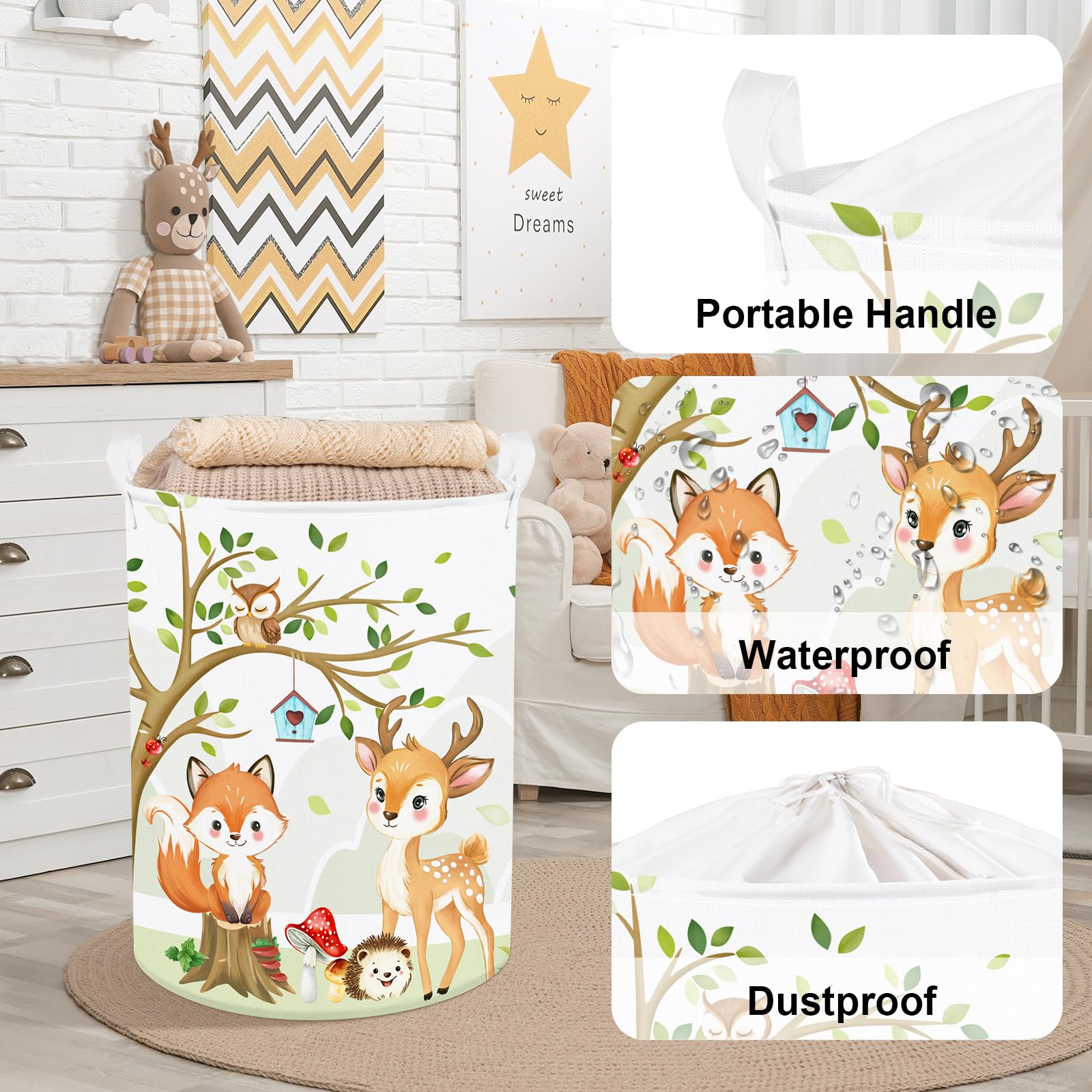 Clastyle 45L Large Forest Animal Kid Laundry Hamper with Handle for Boy Girl Collapsible White Fox Clothes Toy Storage Basket with Lid for Nursery