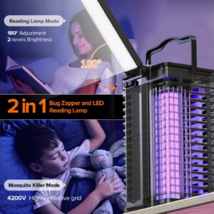 Solar Bug Zapper for Outdoor Indoor, Cordless & Rechargeable Mosquito Zapper with Reading Lamp, 4200V High Powered Mosquito Killer Insect Fly Trap 4000mAh Battery for Home, Patio, Camping