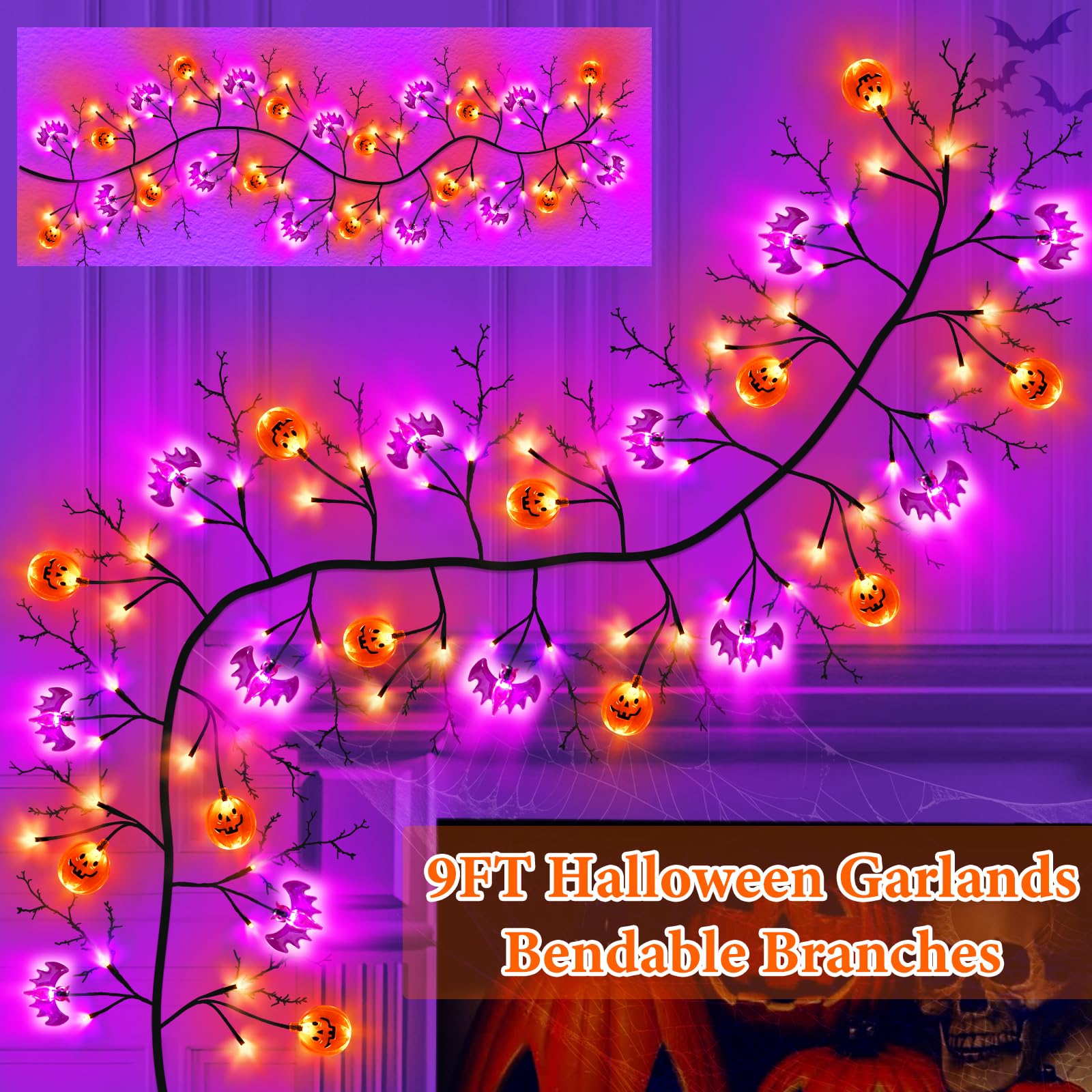 9FT 72LED Halloween Decorations Willow Vine Twig Garland with 8 Modes Orange Purple Lights & Timer &12 Pumpkin Bat,Battery Operated Halloween Garland for Mantel Table Fireplace Indoor Home Decor