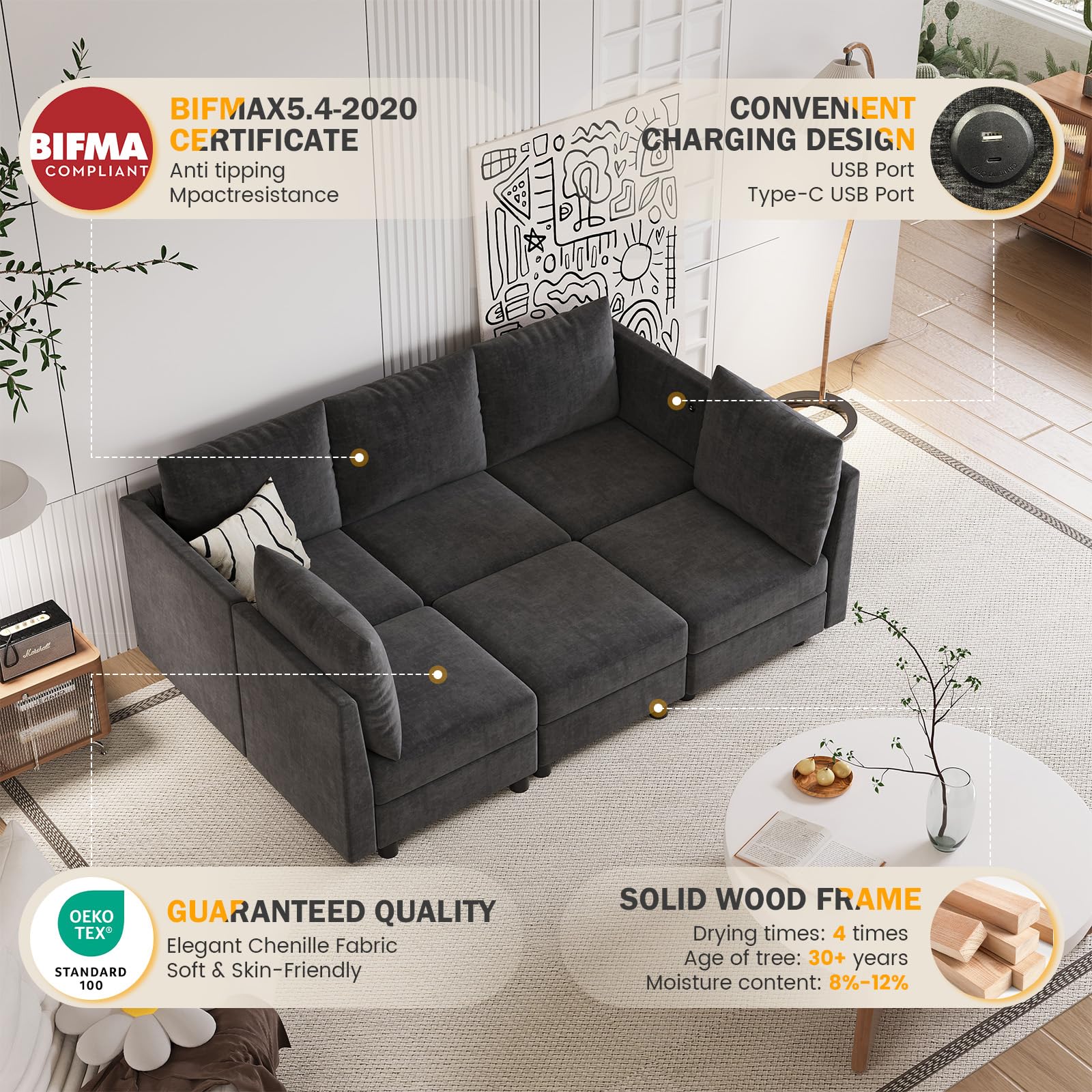 Apicizon Modular Sectional Sleeper Sofa, 6 Seats Sleeper Couch with Storage Ottomans, Modern Chenille Sofa Set with USB Charging Ports, Comfy Bed Couches with Chaise for Living Room, Dark Gray