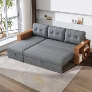 CAPCAEK Convertible Sectional Sofa Couch,L-Shaped Sofa,Linen Fabric,Sleeper Sofa,Pull Out Couch Bed,with Storage Chaise for Apartments with Two Small Counters (Light Grey)