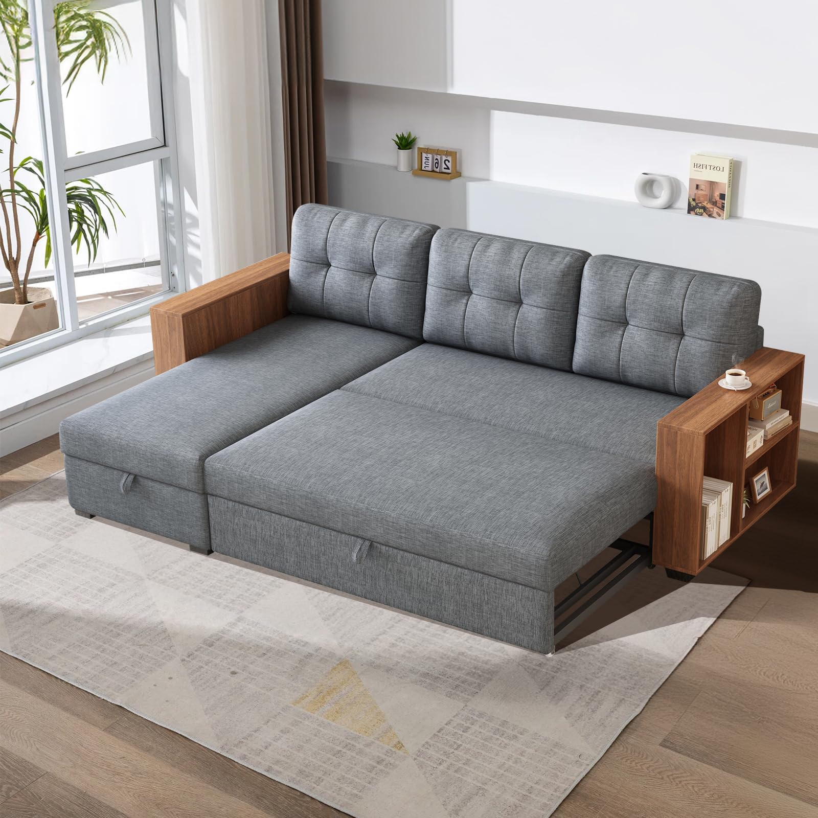 CAPCAEK Convertible Sectional Sofa Couch,L-Shaped Sofa,Linen Fabric,Sleeper Sofa,Pull Out Couch Bed,with Storage Chaise for Apartments with Two Small Counters (Light Grey)