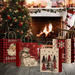 Horaldaily 24 Christmas Gift Paper Bags Bulk with handles Wrapping, Buffalo Plaid Santa Christmas Trees Snowman Xmas Holiday Presents(24 Large)