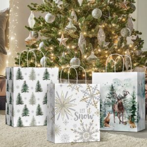 Horaldaily 24 Christmas Gift Paper Bags Bulk with handles Wrapping, Christmas Trees Snow Snowman Deer Holiday Presents(24 Large)