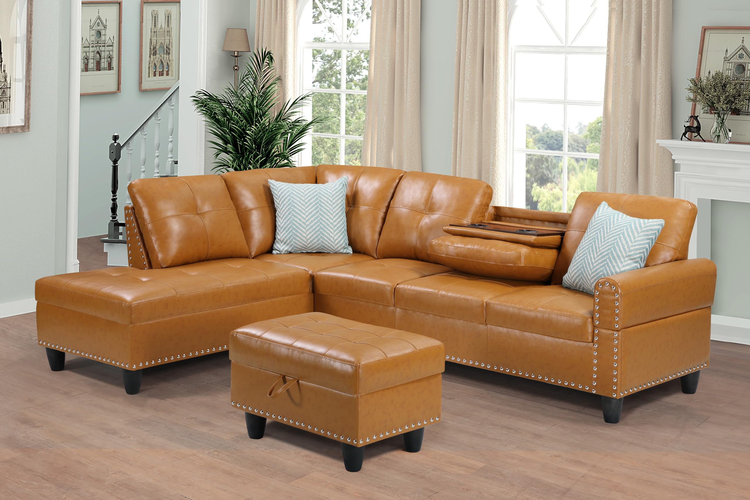 MMTGO L-Shape Faux Leather Modular Sectional Sofa with Storage Ottoman and Cup Holders, 4-Seater Tufting Upholstered Corner Couch for Living Room, Home Furniture, Apartment, Ginger