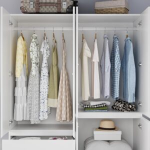 Mekminop Armoire Wardrobe Closet with Drawers and Doors, 4 Door 2 Drawers White Bedroom Armoires Wooden Wardrobe with Shelves and Hanging Rod, 20.39" D x 63" W x 78.74" H