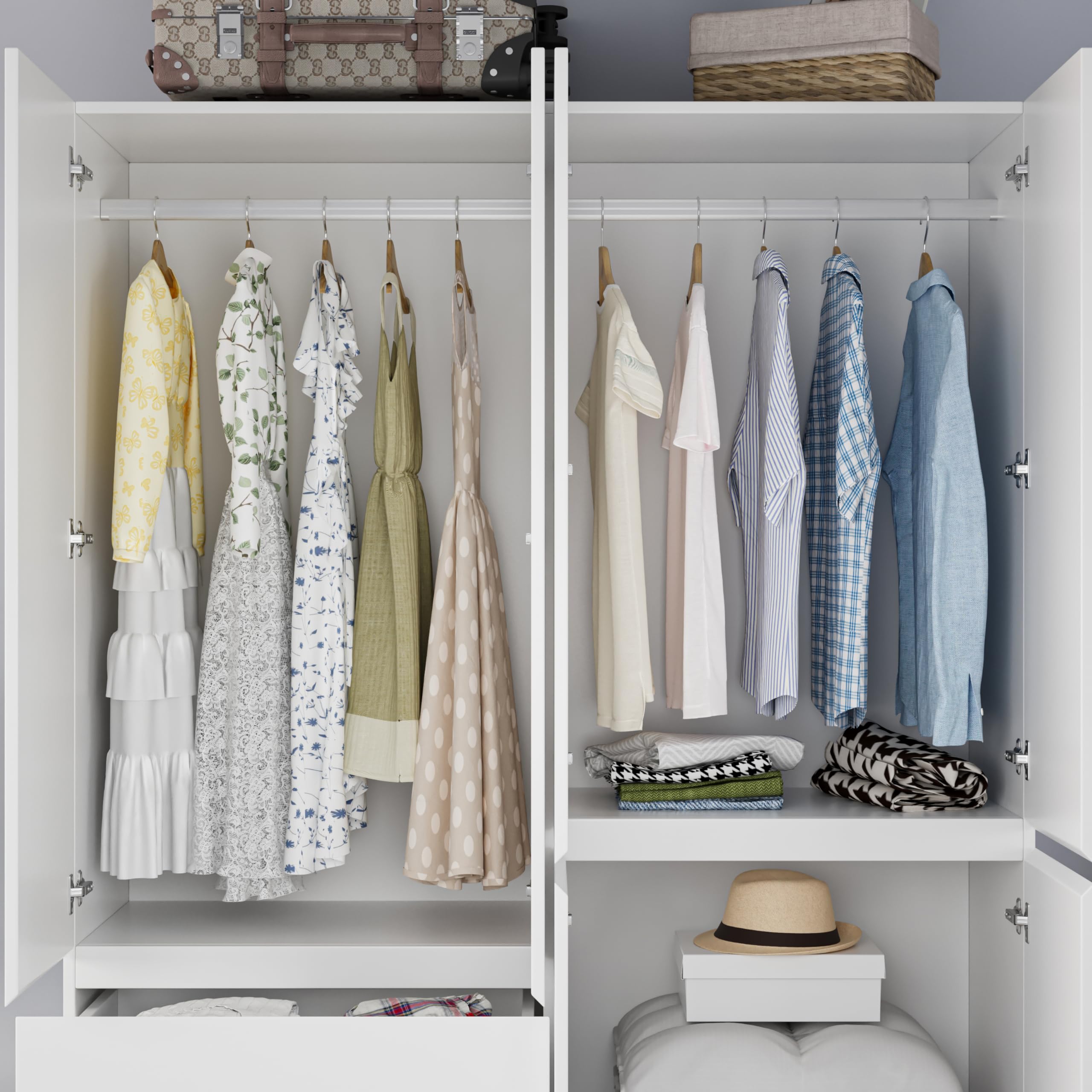 Mekminop Armoire Wardrobe Closet with Drawers and Doors, 4 Door 2 Drawers White Bedroom Armoires Wooden Wardrobe with Shelves and Hanging Rod, 20.39" D x 63" W x 78.74" H