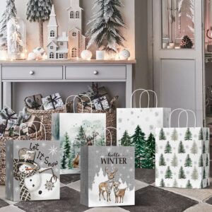 Horaldaily 24 Christmas Gift Paper Bags Bulk with handles Wrapping, Christmas Trees Snow Snowman Deer Holiday Presents(24 Large)