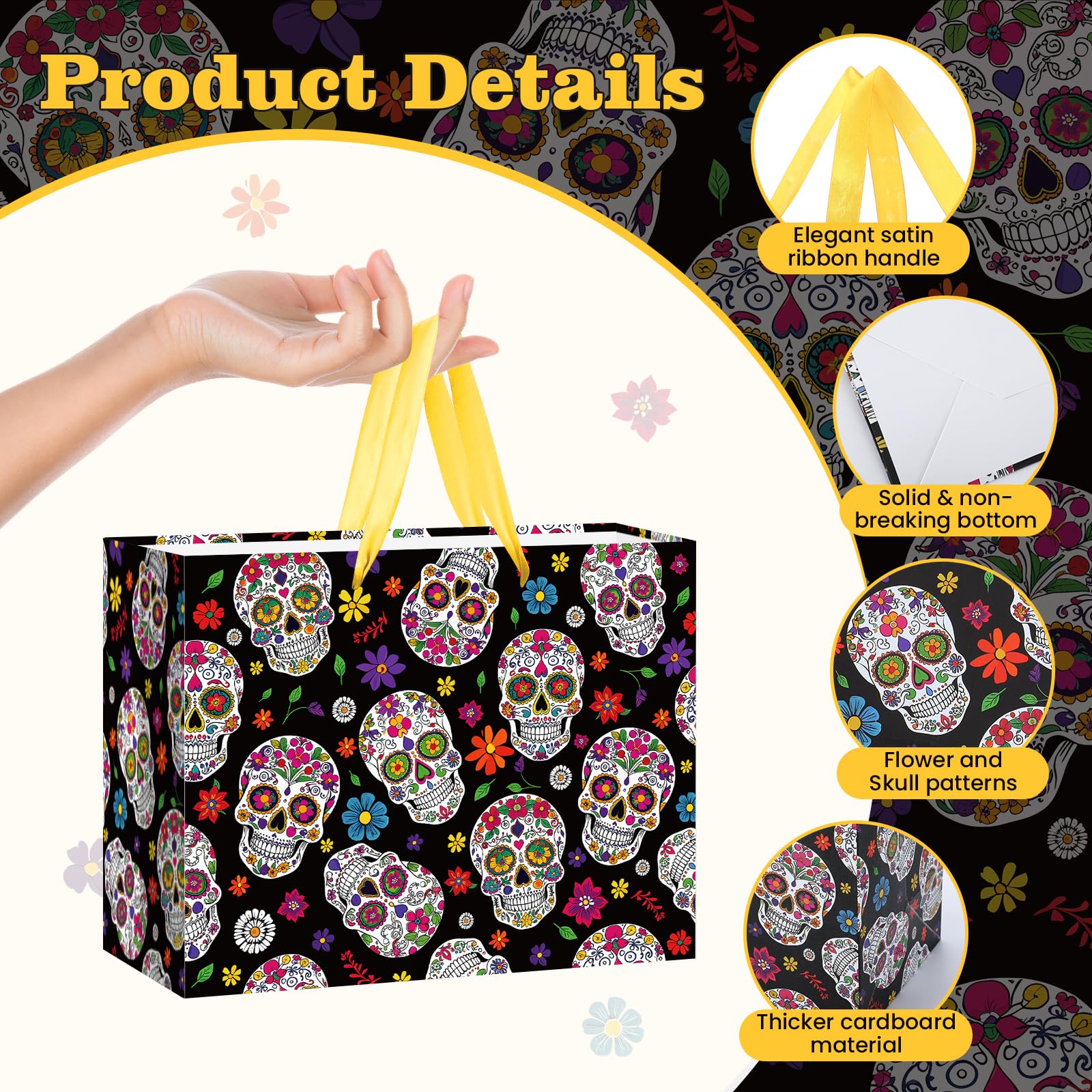 LUUFILx Day of The Dead Gift Bags Dia De Los Muertos Wrapping Paper with Greeting Card Halloween Party Gift Bags Trick or Treat Candy Bags Skull for Halloween Mexican Fiesta Party Favors Supplies