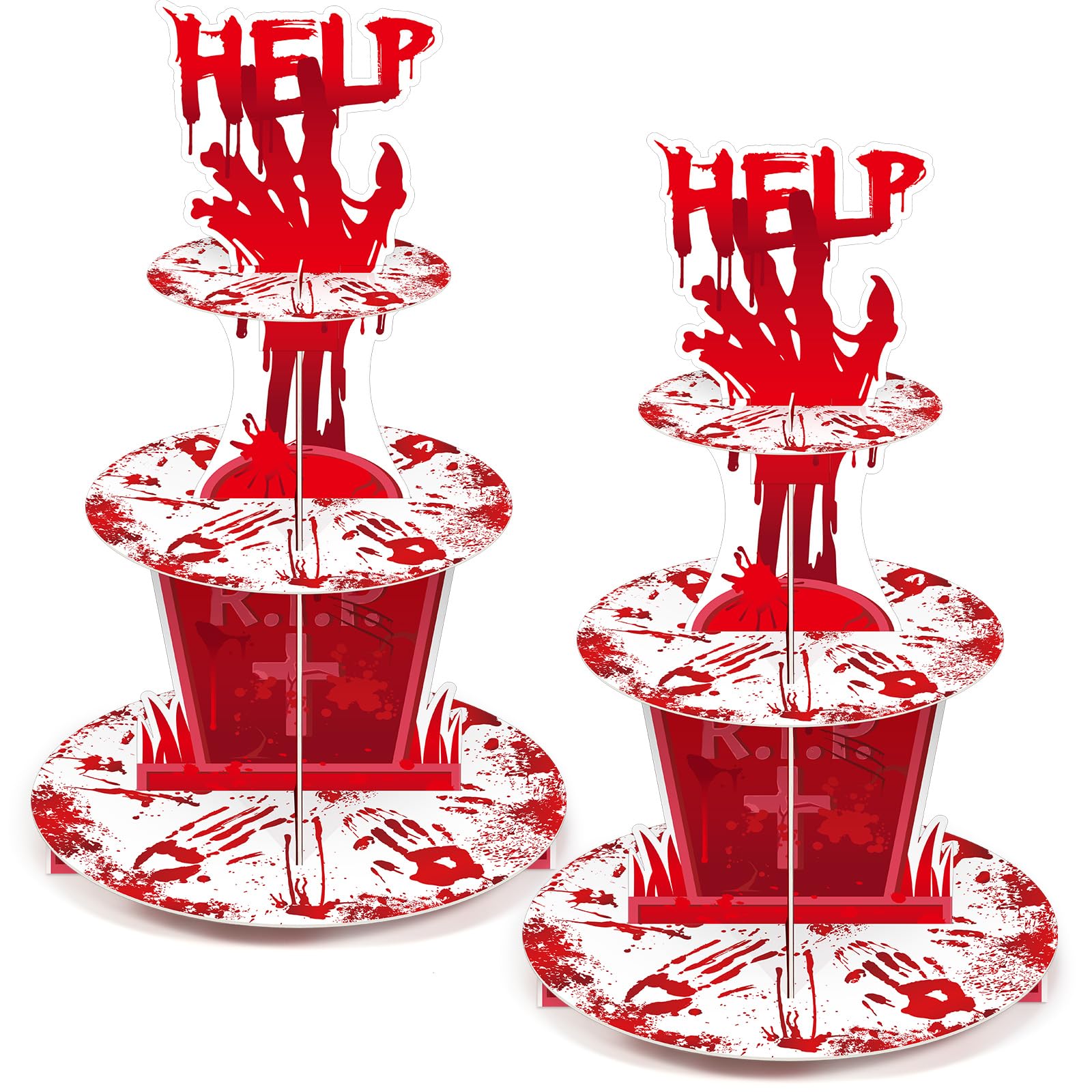 Sliner 2 PCS Halloween Bloody Cupcake Stand Party Decorations Bloody Handprint Cupcake Holder Halloween Bloody Help Cake Holder Bloody Dessert Stand for Halloween Bloody Horror Scary Party Supplies