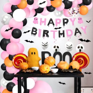 Halloween Pink Birthday Party Decorations Balloon Arch Foil Balloon Banner Bat Hanging Swirl for Halloween Happy Boo Day Baby Shower Party Supplies