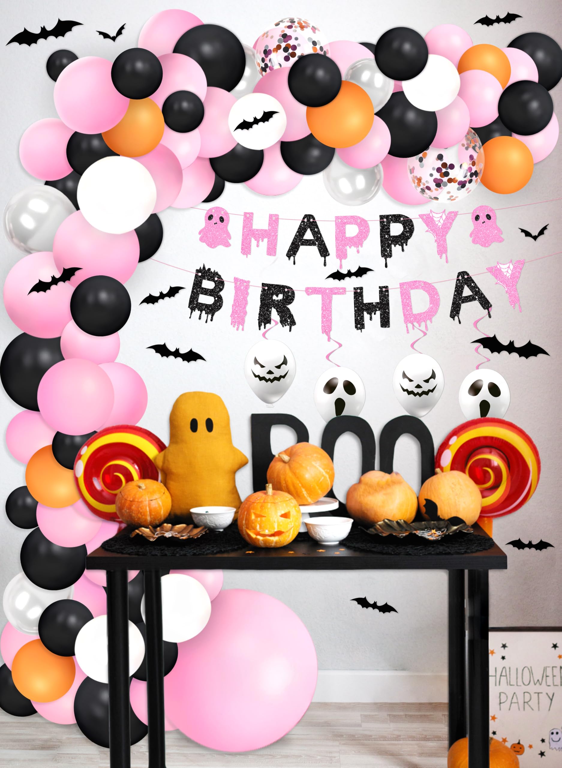 Halloween Pink Birthday Party Decorations Balloon Arch Foil Balloon Banner Bat Hanging Swirl for Halloween Happy Boo Day Baby Shower Party Supplies