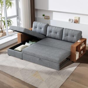 capcaek convertible sectional sofa couch,l-shaped sofa,linen fabric,sleeper sofa,pull out couch bed,with storage chaise for apartments with two small counters (light grey)