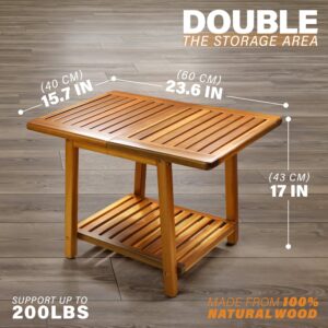 ENKEZI Acacia 24 Inches Outdoor Side Table, 2-Tier Sturdy Patio, End Table Weather Resistant, Strong Stability Side Table for Patio, Pool, Porch, Teak Finish (Acacia Brown)