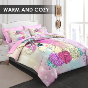 WeCozy 7 Pcs Full Size Comforter Set with 2 Pillowcases & 2 Shams, Cute Unicorn Butterfly Bedding Set for Kids and Adults, Princess Flower Horse Bed in a Bag with Flat Sheet and Fitted Sheet