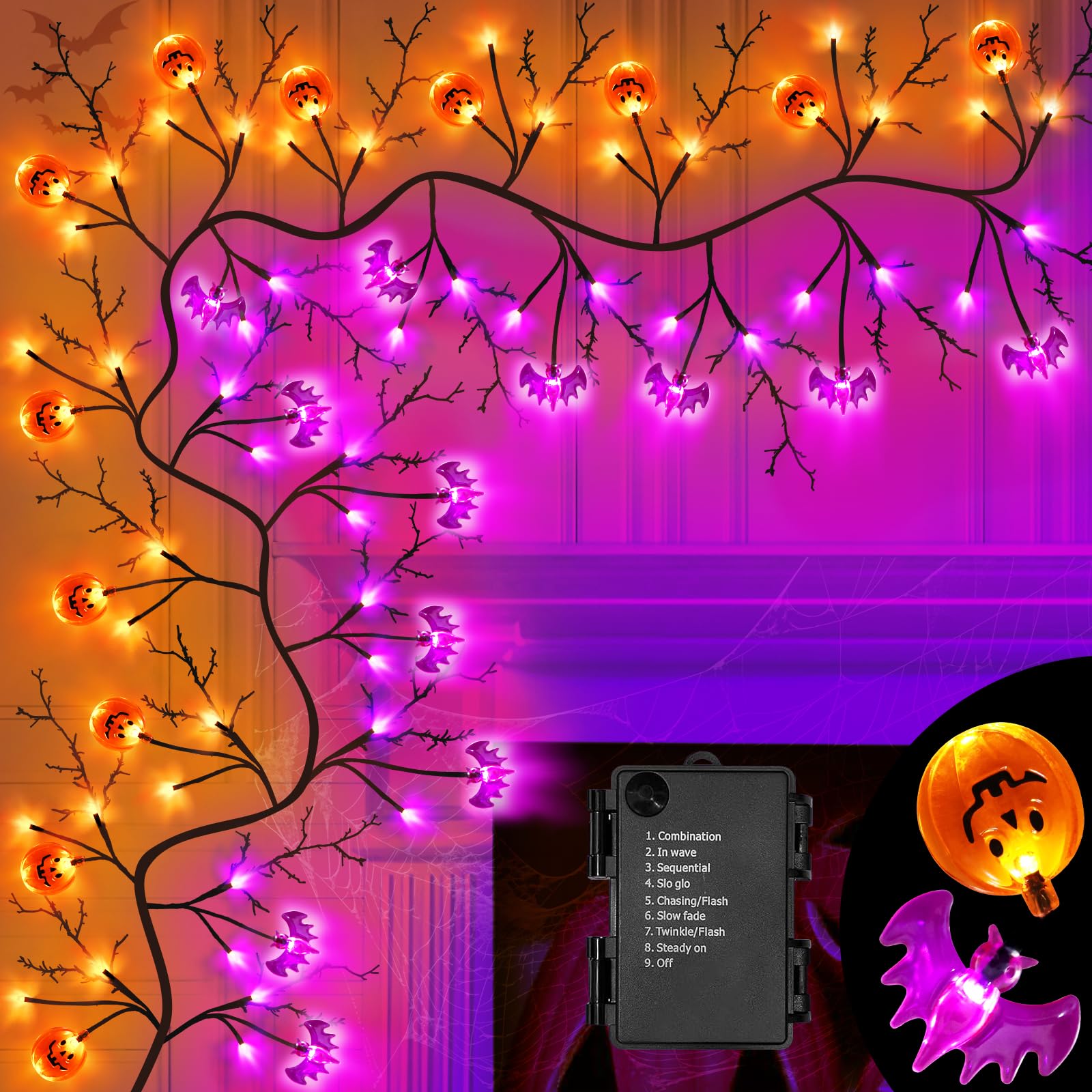 9FT 72LED Halloween Decorations Willow Vine Twig Garland with 8 Modes Orange Purple Lights & Timer &12 Pumpkin Bat,Battery Operated Halloween Garland for Mantel Table Fireplace Indoor Home Decor