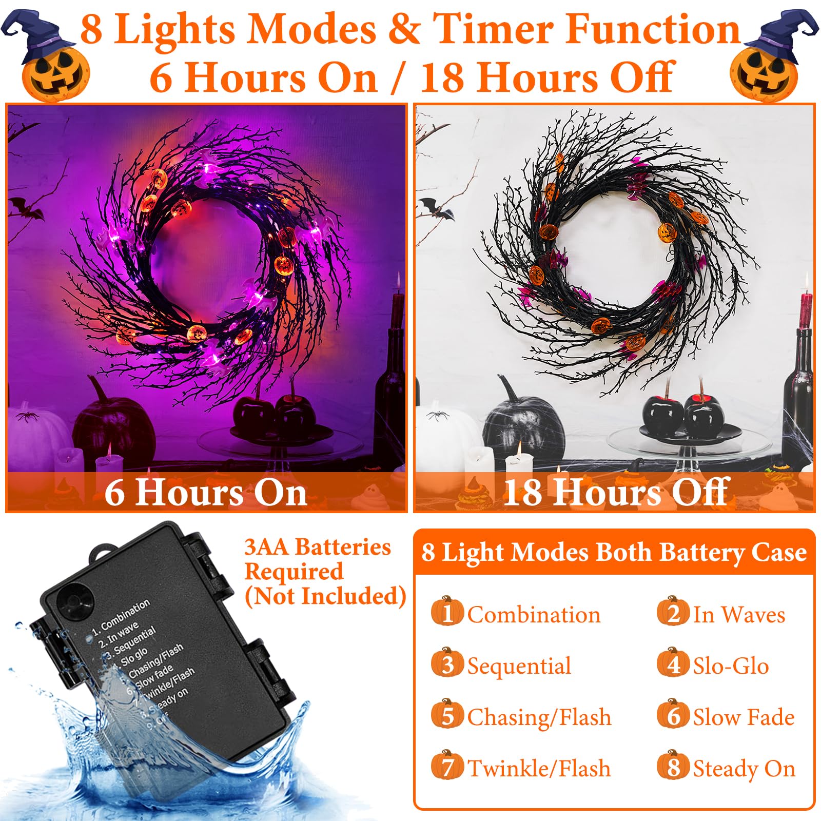 9FT 72LED Halloween Decorations Willow Vine Twig Garland with 8 Modes Orange Purple Lights & Timer &12 Pumpkin Bat,Battery Operated Halloween Garland for Mantel Table Fireplace Indoor Home Decor