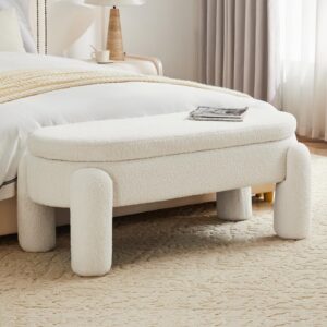 zomge huzz modern 45 inch boucle storage ottoman bench, upholstered bedroom benches for end of bed, entryway, hallway, living room, large storage foot rest stool, fur white