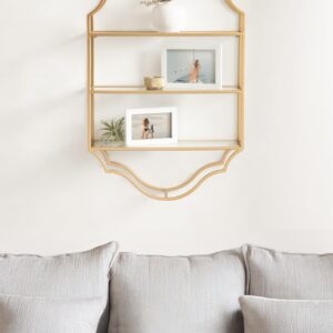 Kate and Laurel Leanna Scalloped Three-Tiered Wall Shelf, 20 x 32, Gold, Decorative Floating Shelf Storage and Wall Organizer for Bathroom Over Toilet Storage or Display