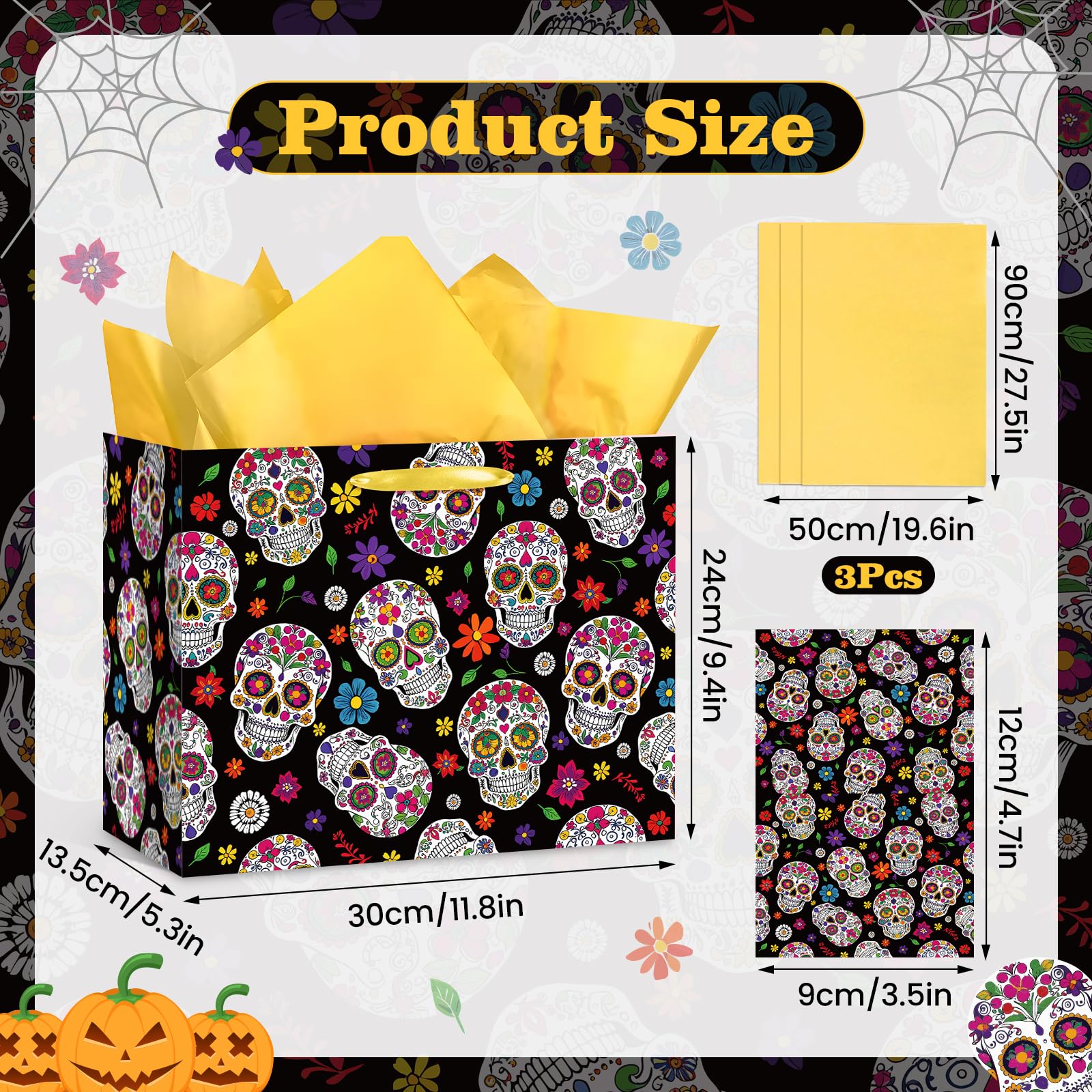 LUUFILx Day of The Dead Gift Bags Dia De Los Muertos Wrapping Paper with Greeting Card Halloween Party Gift Bags Trick or Treat Candy Bags Skull for Halloween Mexican Fiesta Party Favors Supplies