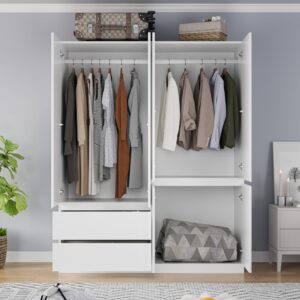 Mekminop Armoire Wardrobe Closet with Drawers and Doors, 4 Door 2 Drawers White Bedroom Armoires Wooden Wardrobe with Shelves and Hanging Rod, 20.39" D x 63" W x 78.74" H