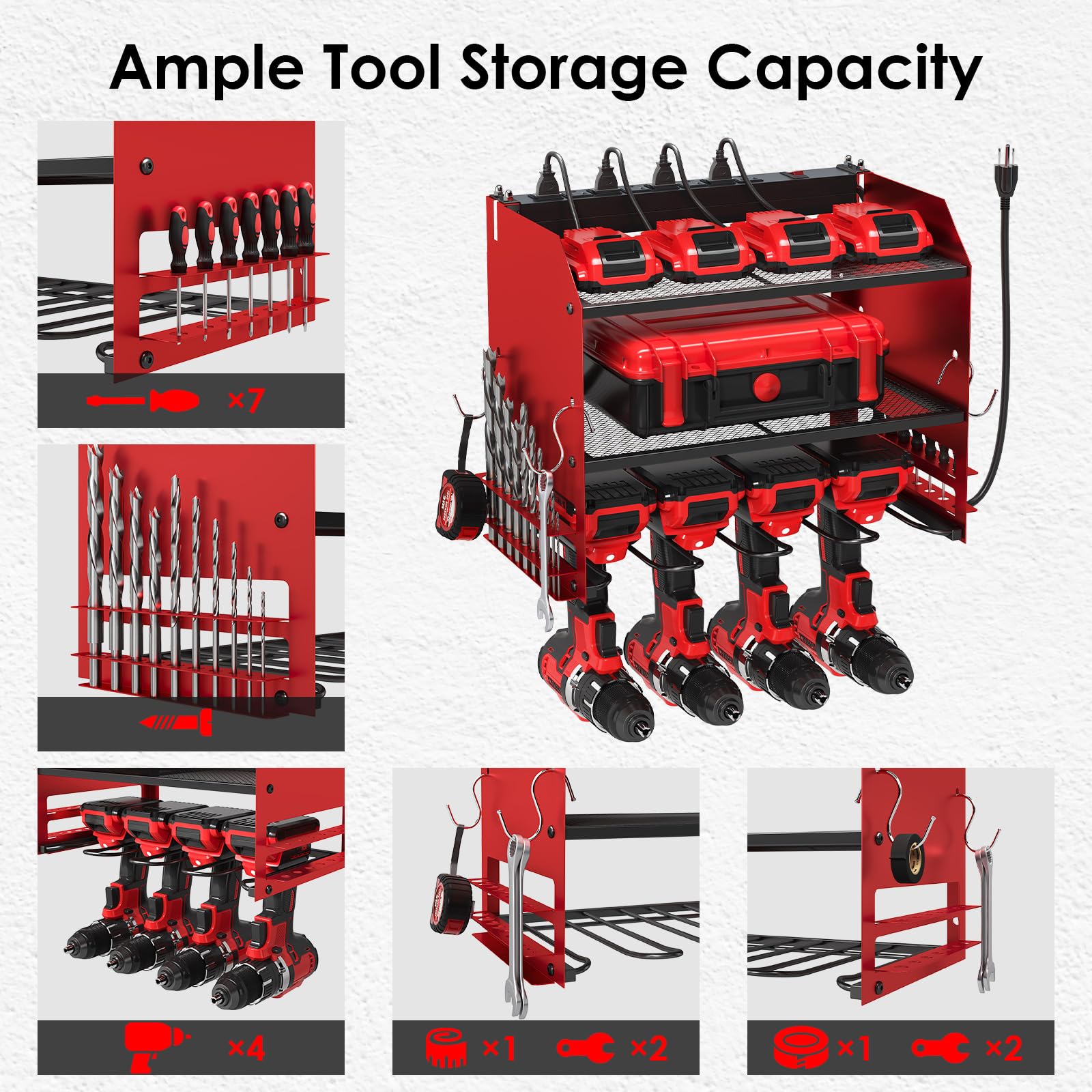 TLGREEN Power Tool Organizer Wall Mount with Charging Station, 4 Drill Holder Built in 8 Outlet Power Strip, Tools and Battery Storage Rack, for Tool Room, Garage Organization, Workshop