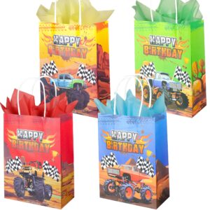 gitmiws 24 pack monster truck paper gift bags with 24pcs tissue paper, truck party favor bags with handles, monster truck treat bags for kids boys birthday party goodie bags, party supply decoration