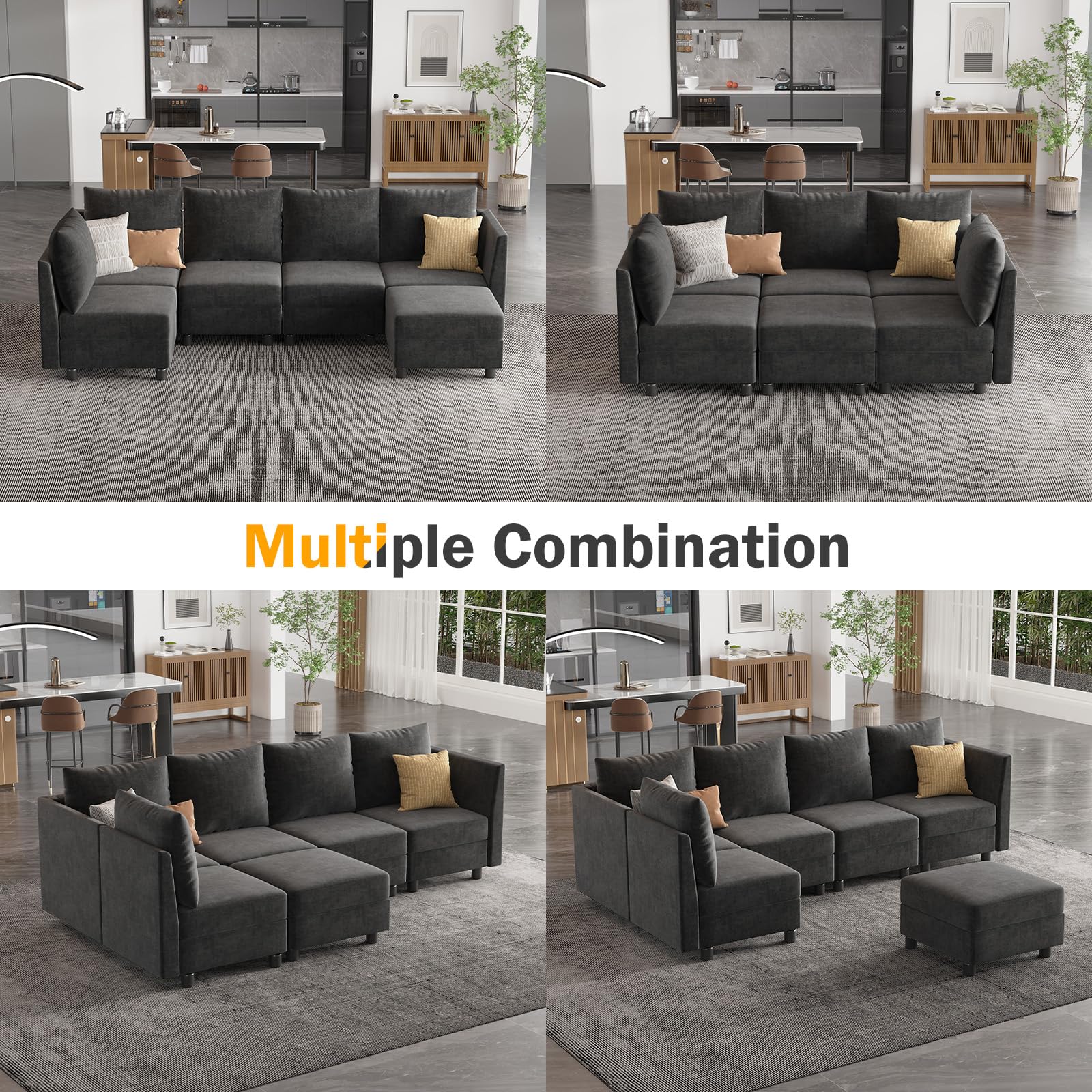 Apicizon Modular Sectional Sleeper Sofa, 6 Seats Sleeper Couch with Storage Ottomans, Modern Chenille Sofa Set with USB Charging Ports, Comfy Bed Couches with Chaise for Living Room, Dark Gray