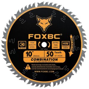 foxbc 10 inch combination saw blade, 50-tooth, wood cutting, 5/8-inch arbor