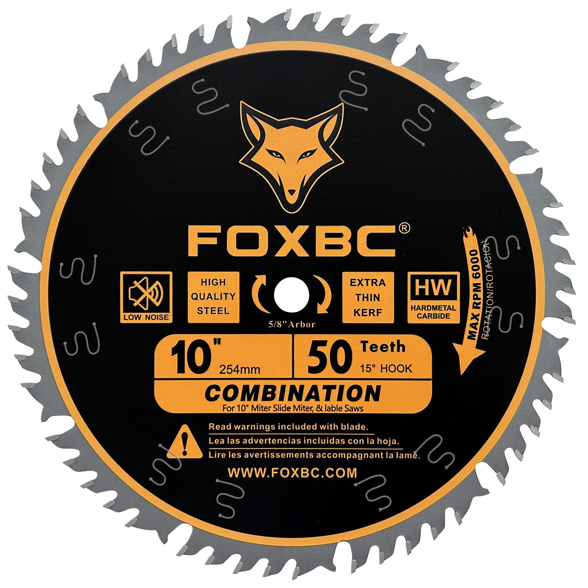 FOXBC 10 Inch Combination Saw Blade, 50-Tooth, Wood Cutting, 5/8-Inch Arbor